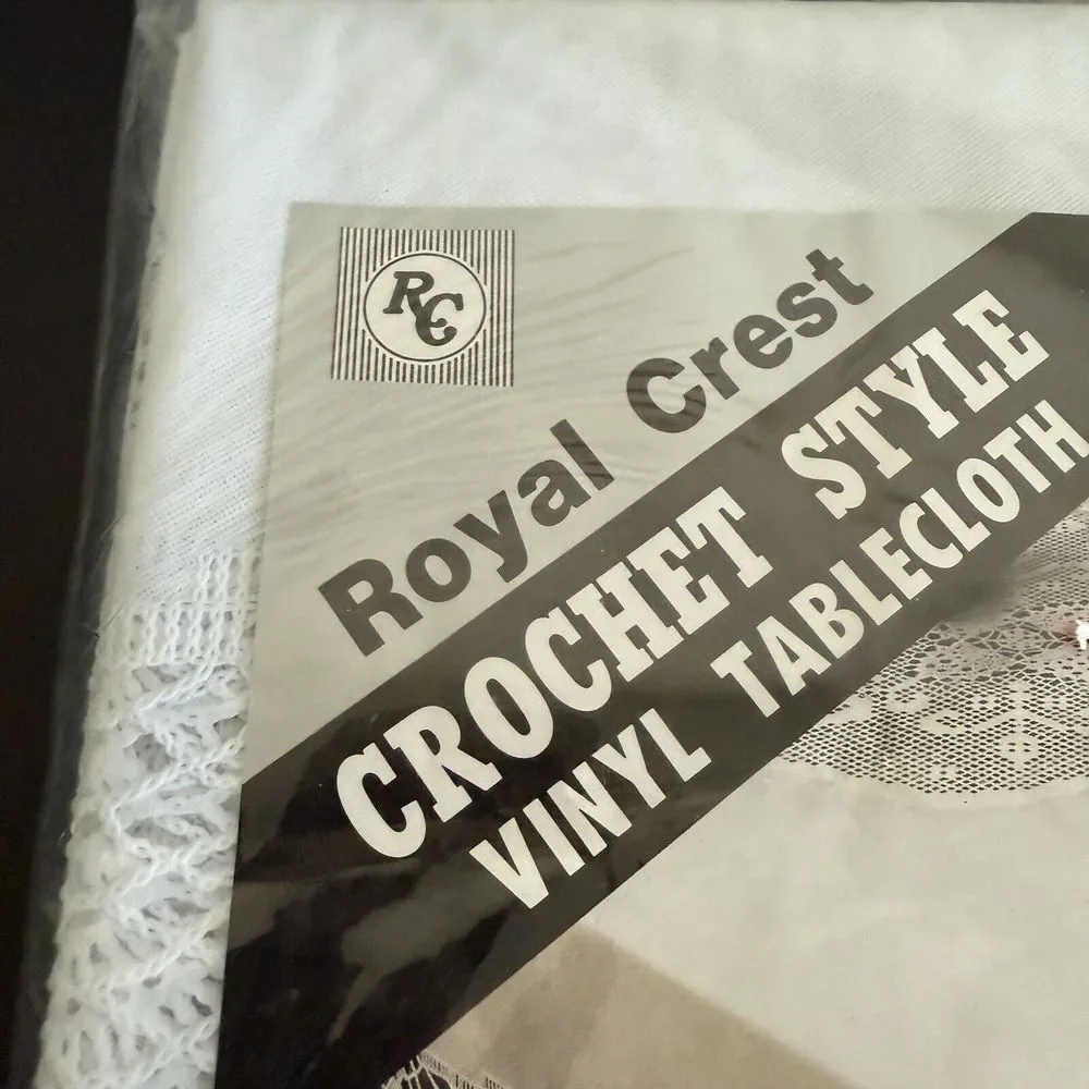 Vintage Royal Crest Tablecloth New Crochet Style Vinyl White Rectangular 60